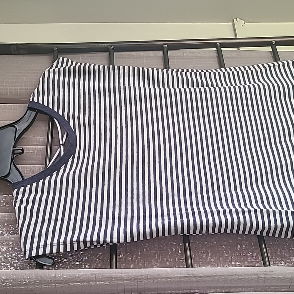 Blue and white striped t with criss-cross back